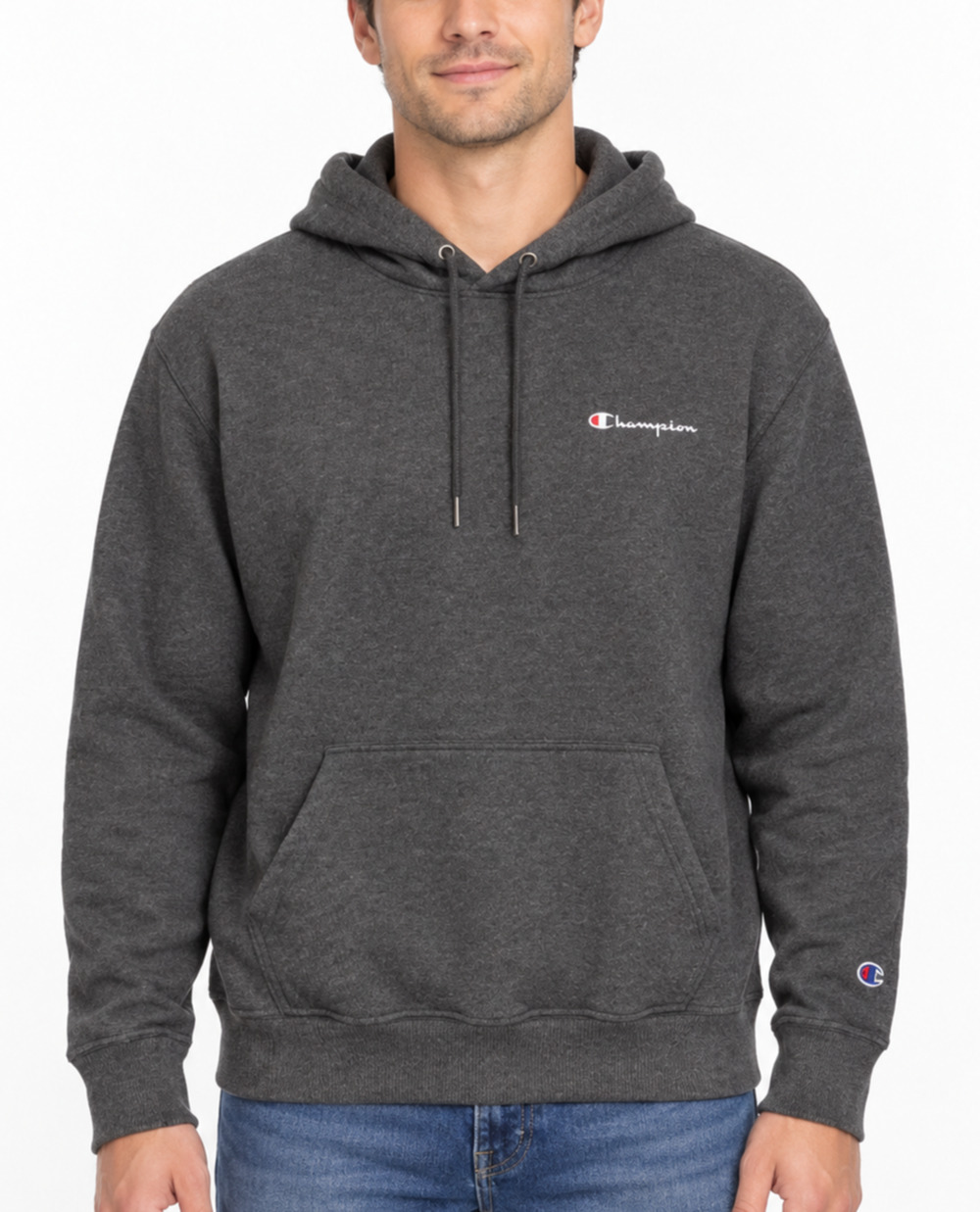 Champion Powerblend Hoodie Mens Medium Charcoal Gray Fleece Pullover Script Logo
